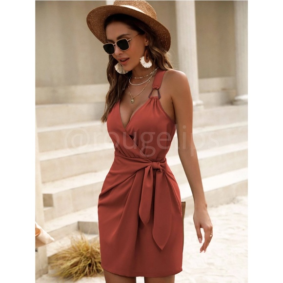 Burnt Orange Both Straps are Embellished Short, Mini V-Neck, Mock Wrap Dress - Picture 2 of 8